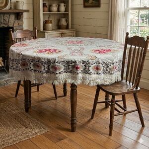 Vintage Floral Lace Round Tablecloth w/ Fringe Trim Cottage Chic Cottagecore 64”